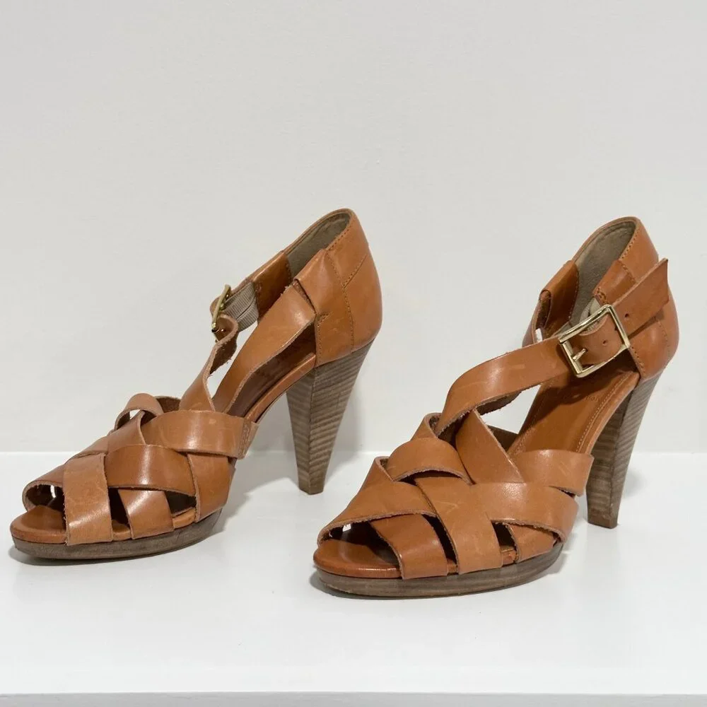 Jcrew Ares Platform Brown Tan Cognac Leather Strappy Sandal Heel Size 8